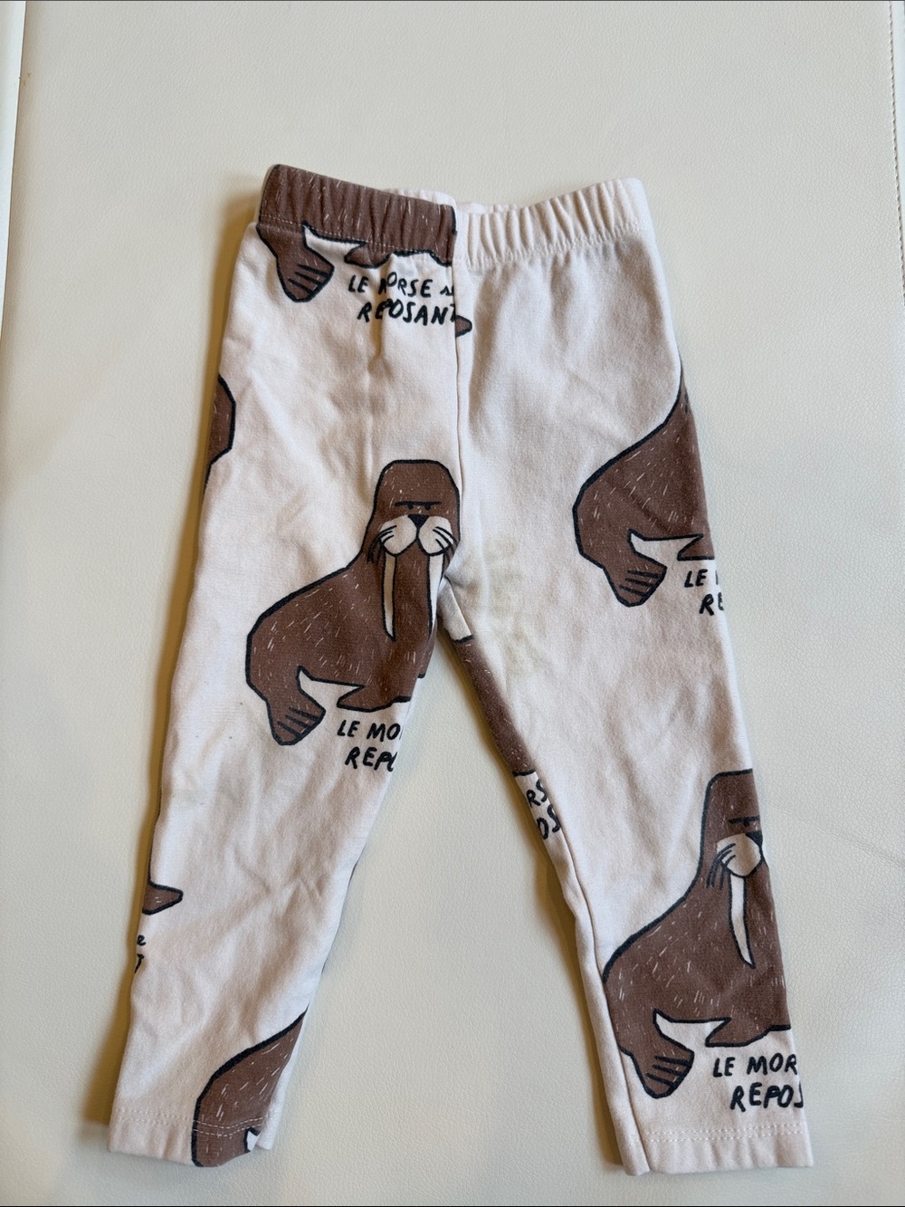 Zara Cream Kids Leggings with Subtle Brown Walrus Print